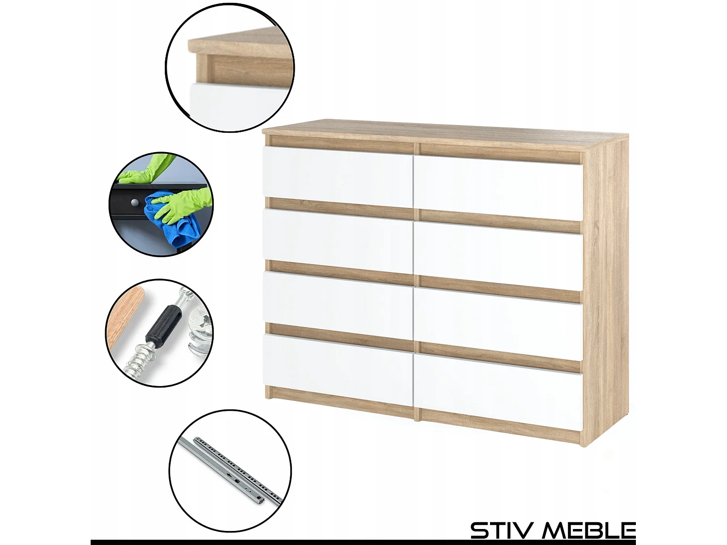 Commode moderne 120 cm Chêne Sonoma Blanc  avec 8 tiroirs – Grand meuble de rangement pour salon