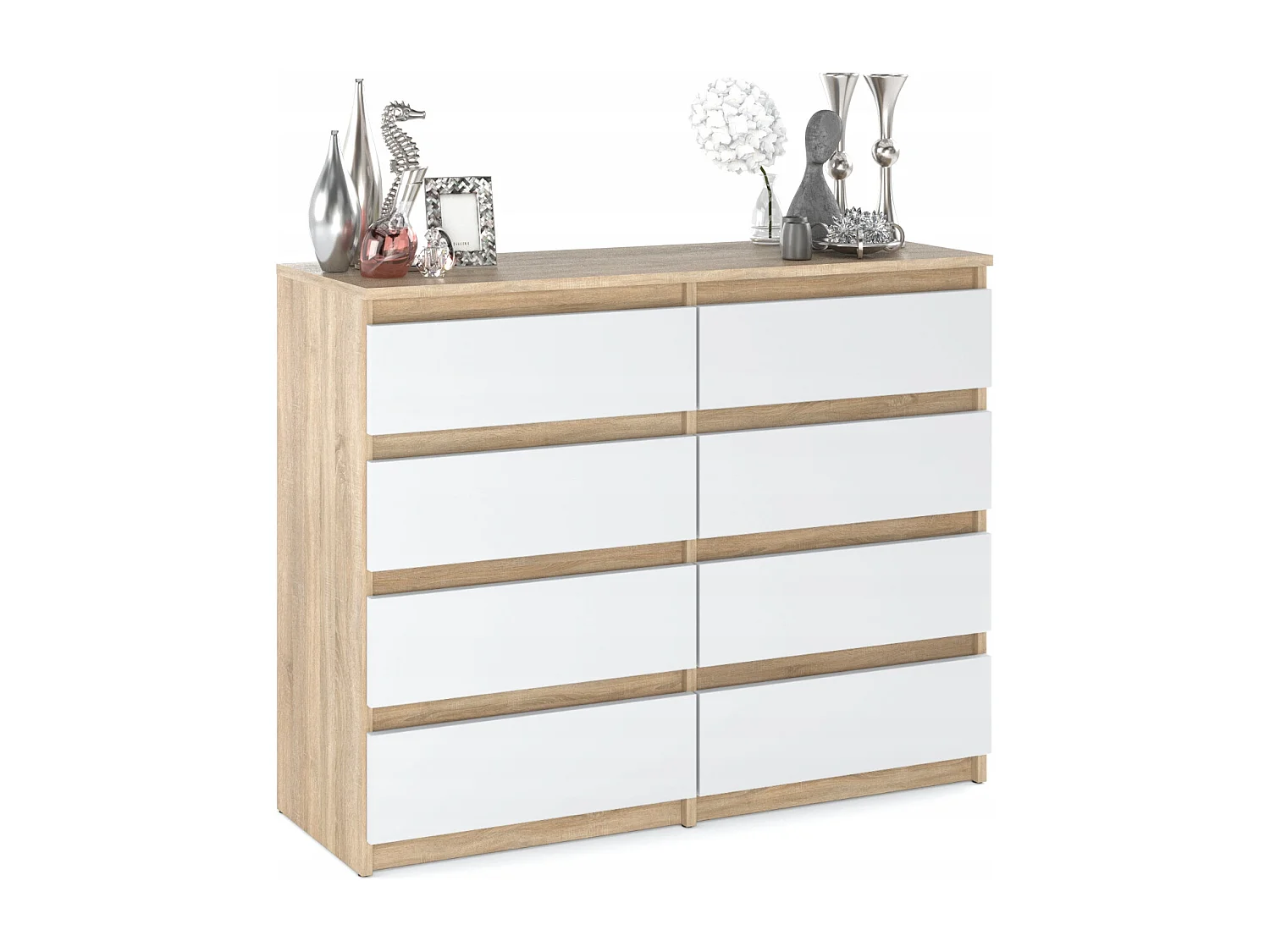 Commode moderne 120 cm Chêne Sonoma Blanc  avec 8 tiroirs – Grand meuble de rangement pour salon