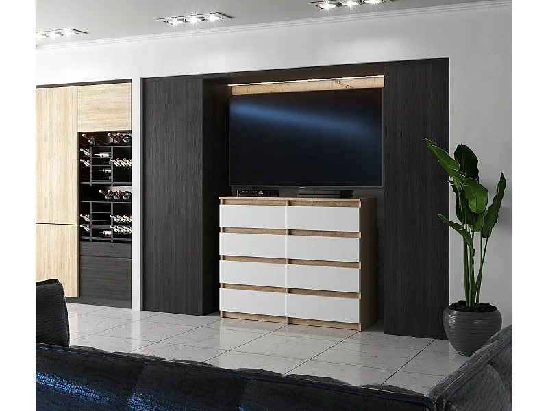 Moderne commode van 120 cm in Sonoma eiken wit met 8 lades – Groot opbergmeubel voor de woonkamer