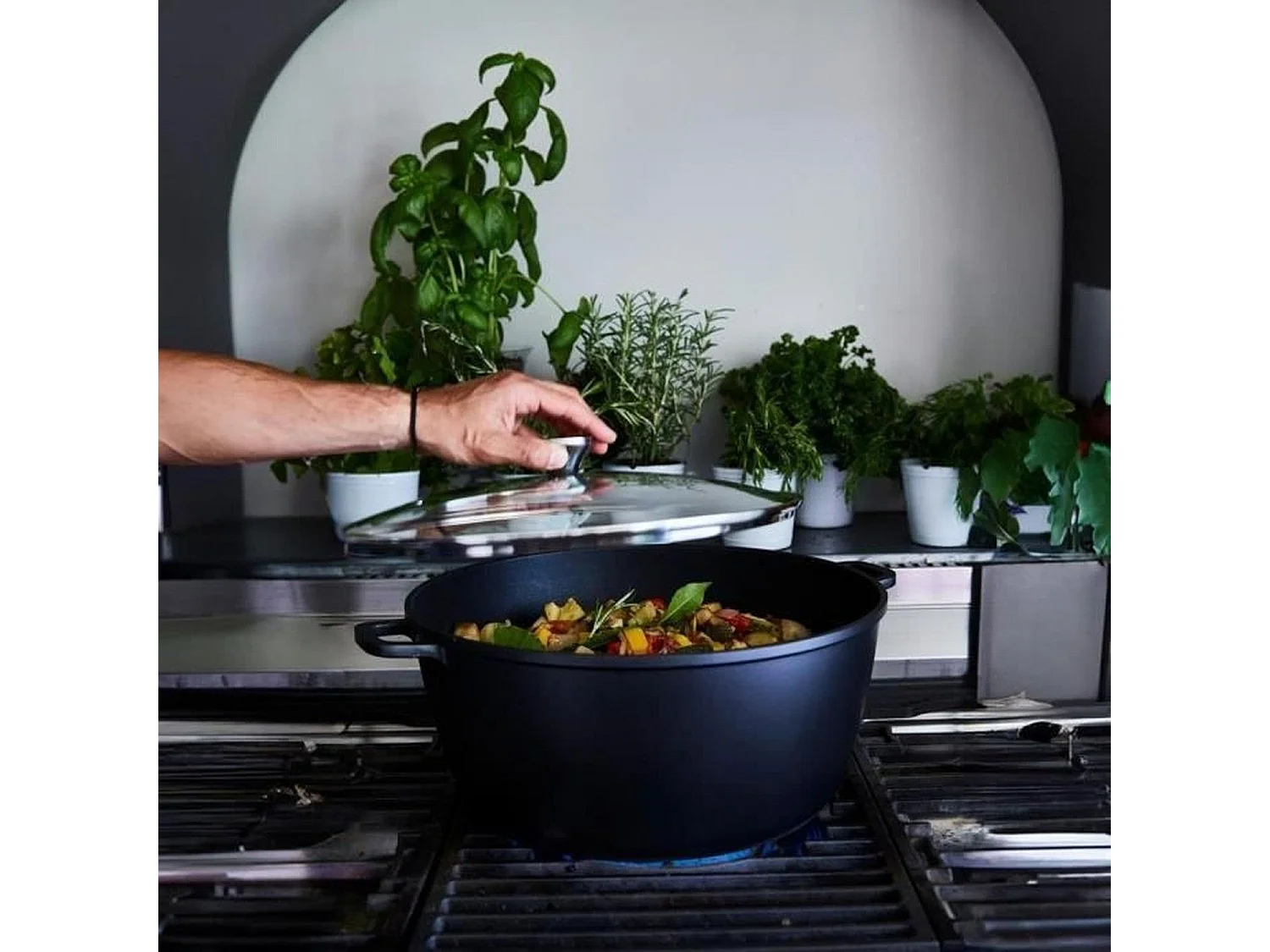 Olla de cocción lenta alta, interior de cerámica con tapa - 36 cm