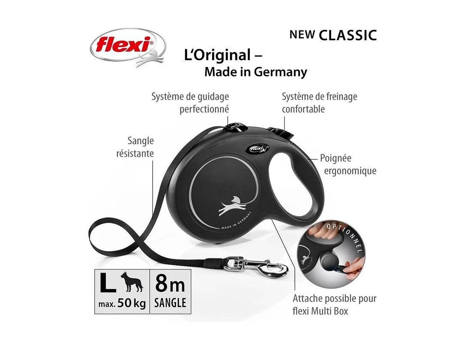 Laisse L Tape 8 m noir