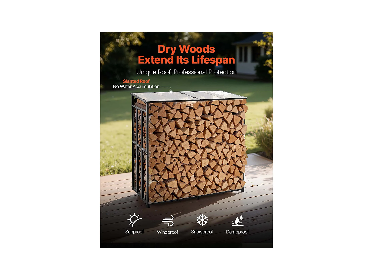 Support à Bois SucceBuy de Chauffage avec Toit Incliné, Range-bûches Extérieur Métal, 143 x 70 x 143 cm, Capacité Charge Maximale 299,4 kg, pour Terrasse