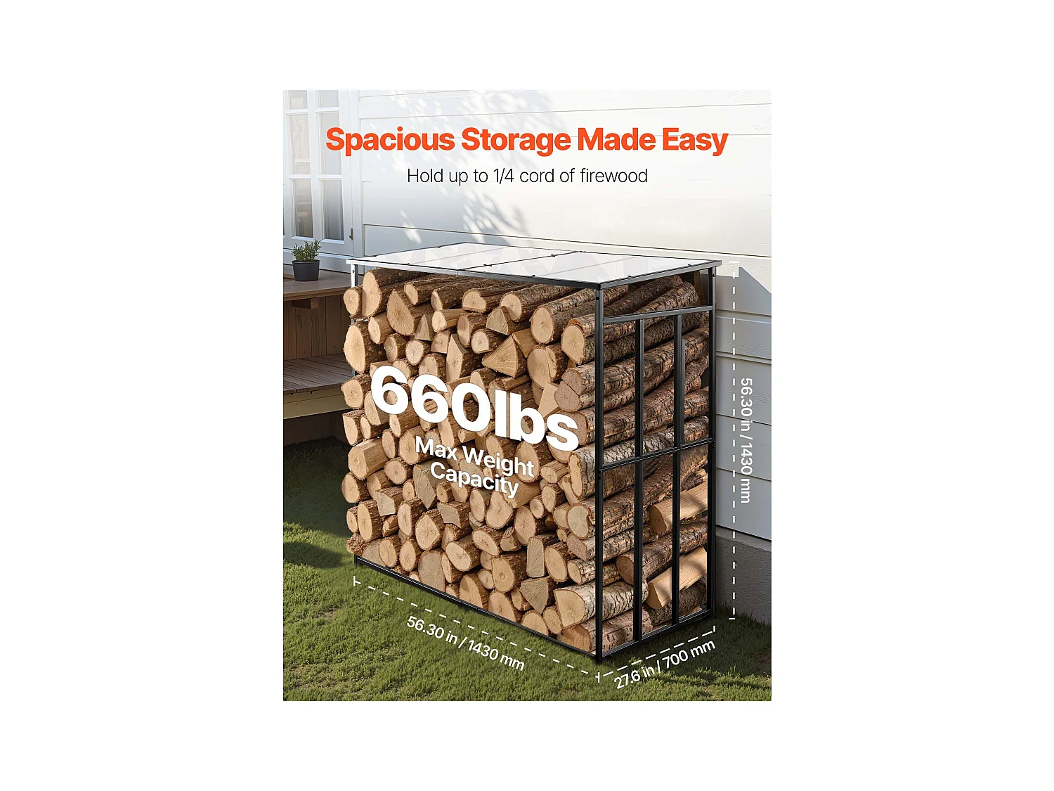 Support à Bois SucceBuy de Chauffage avec Toit Incliné, Range-bûches Extérieur Métal, 143 x 70 x 143 cm, Capacité Charge Maximale 299,4 kg, pour Terrasse