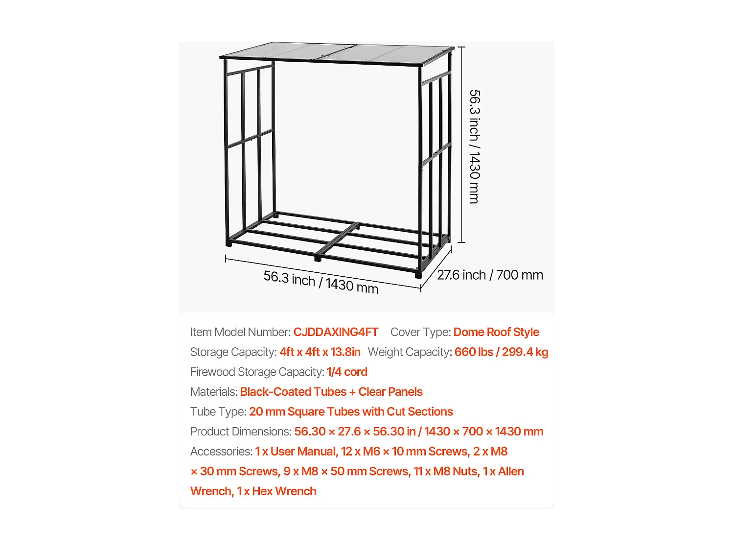 Schowek na Drewno SucceBuy do Ogrzewania z Pochyłym Daszkiem, Metalowy Zewnętrzny Schowek na Drewno, 143 x 70 x 143 cm, Maksymalna Nośność 299,4 kg, na Taras