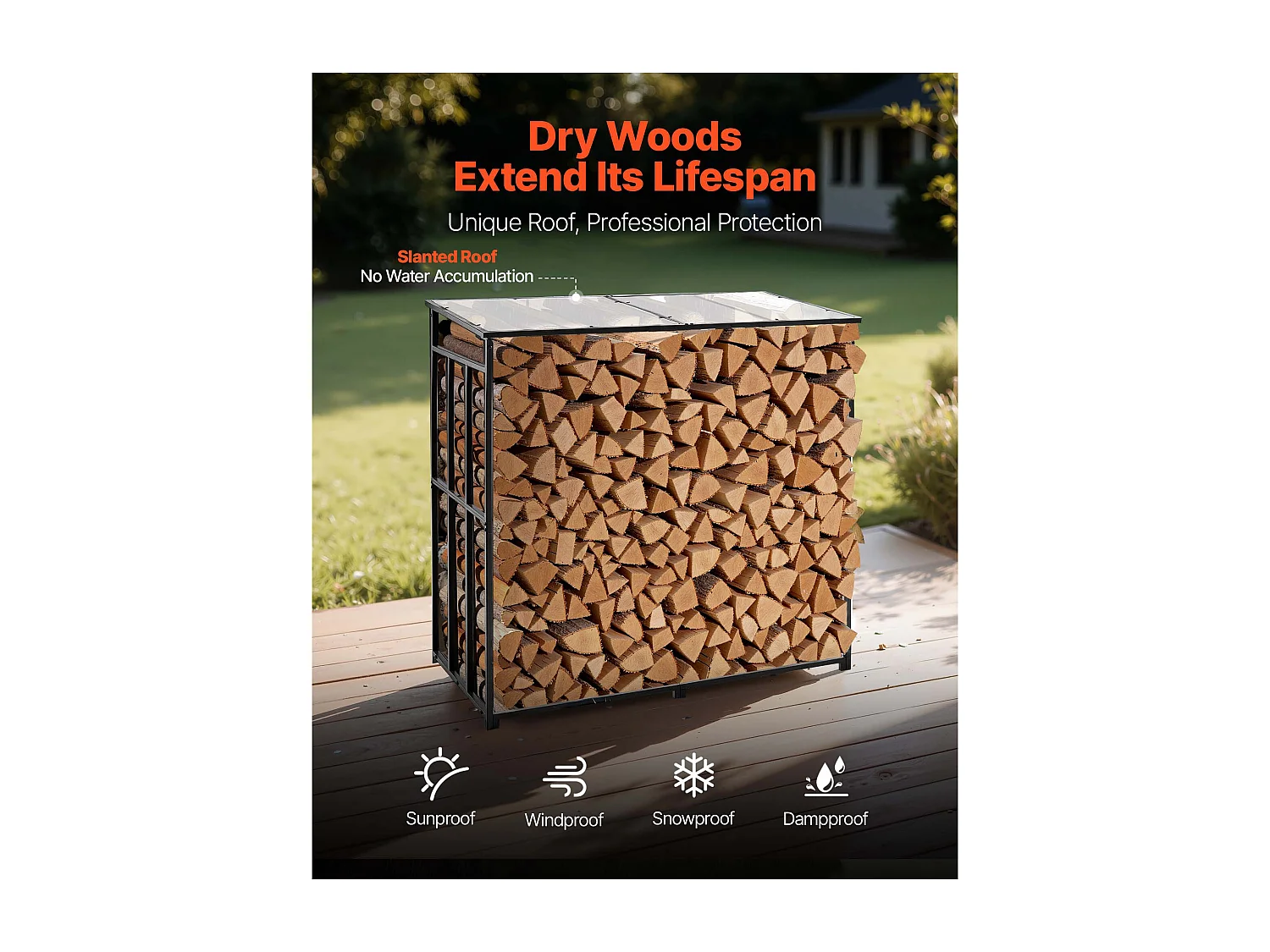 Schowek na Drewno SucceBuy do Ogrzewania z Pochyłym Daszkiem, Metalowy Zewnętrzny Schowek na Drewno, 143 x 70 x 143 cm, Maksymalna Nośność 299,4 kg, na Taras