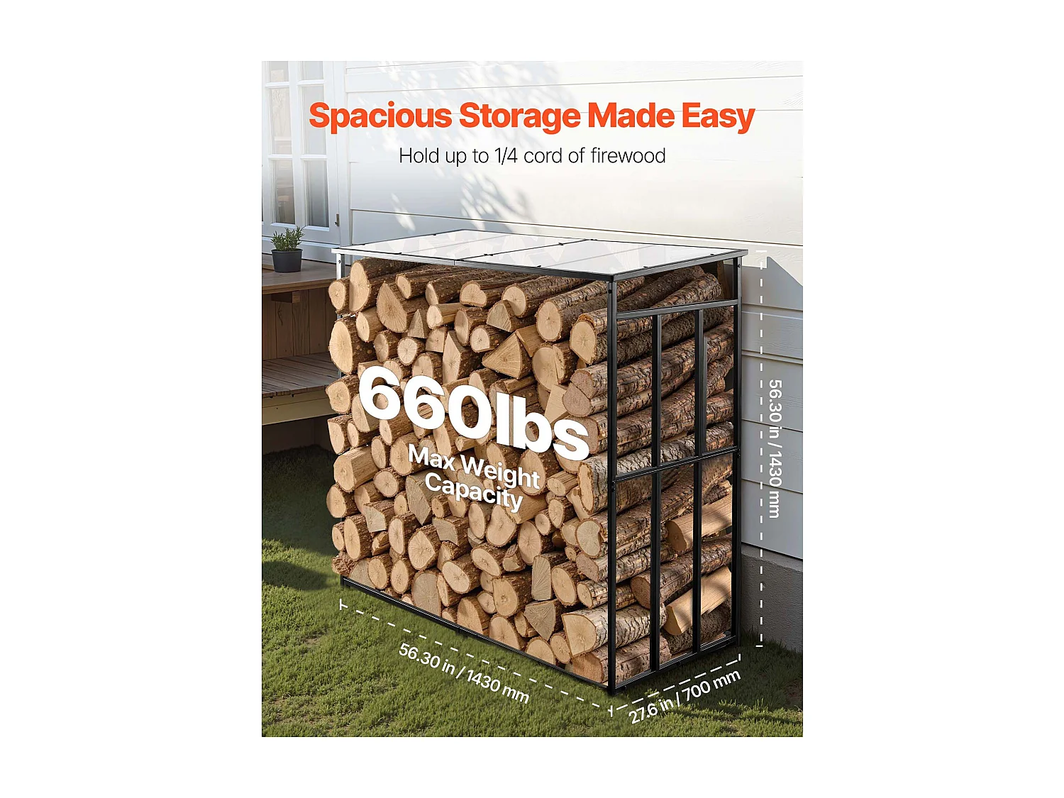 Schowek na Drewno SucceBuy do Ogrzewania z Pochyłym Daszkiem, Metalowy Zewnętrzny Schowek na Drewno, 143 x 70 x 143 cm, Maksymalna Nośność 299,4 kg, na Taras