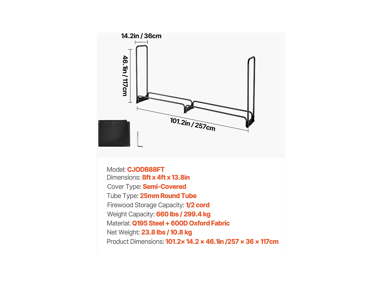 Support à Bois SucceBuy de Chauffage avec Housse Imperméable, Range-bûches Extérieur en Métal, 257 x 36 x 117 cm, Charge Maximale 299,4 kg, pour Terrasse