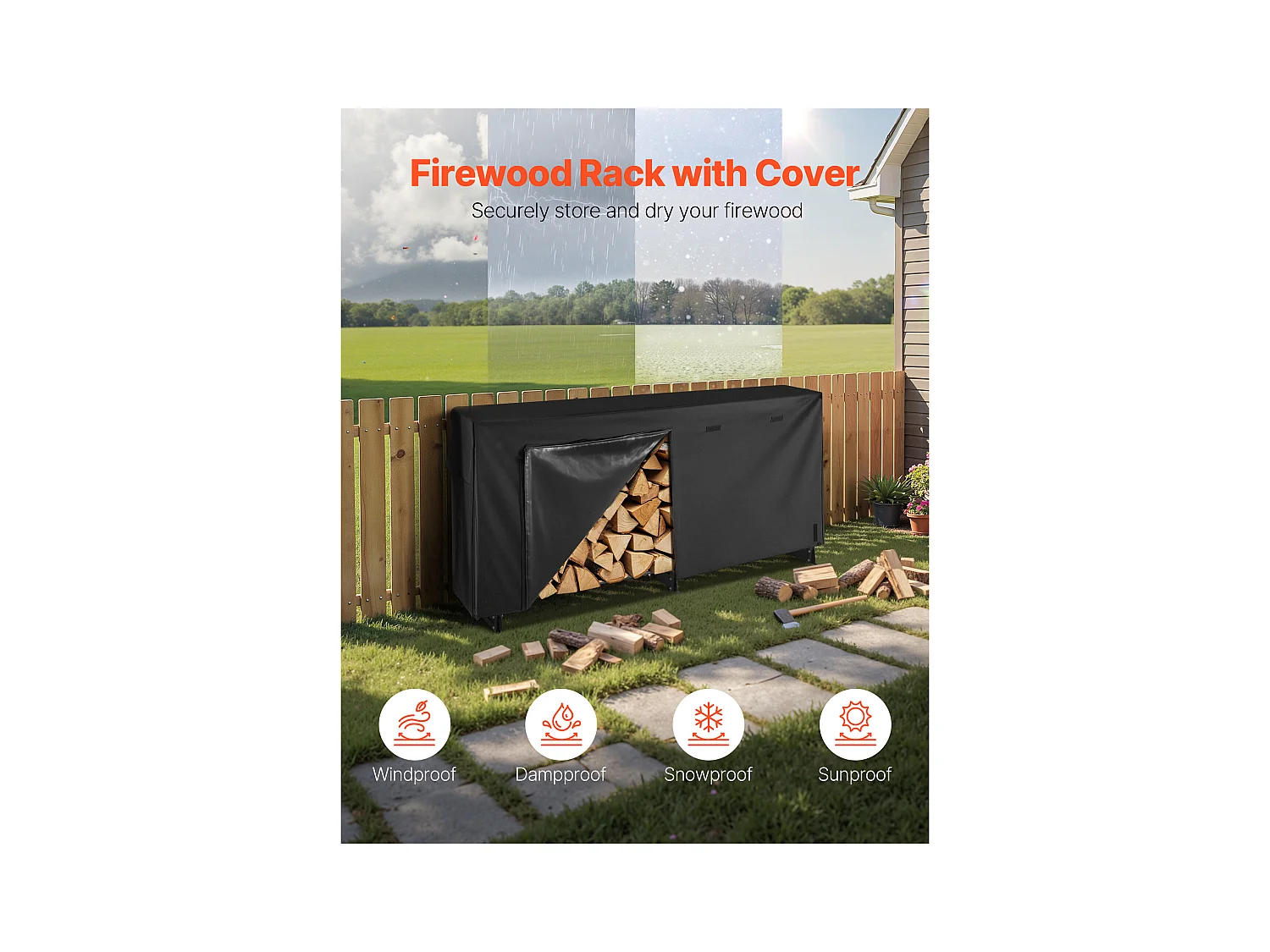 Support à Bois SucceBuy de Chauffage avec Housse Imperméable, Range-bûches Extérieur en Métal, 257 x 36 x 117 cm, Charge Maximale 299,4 kg, pour Terrasse