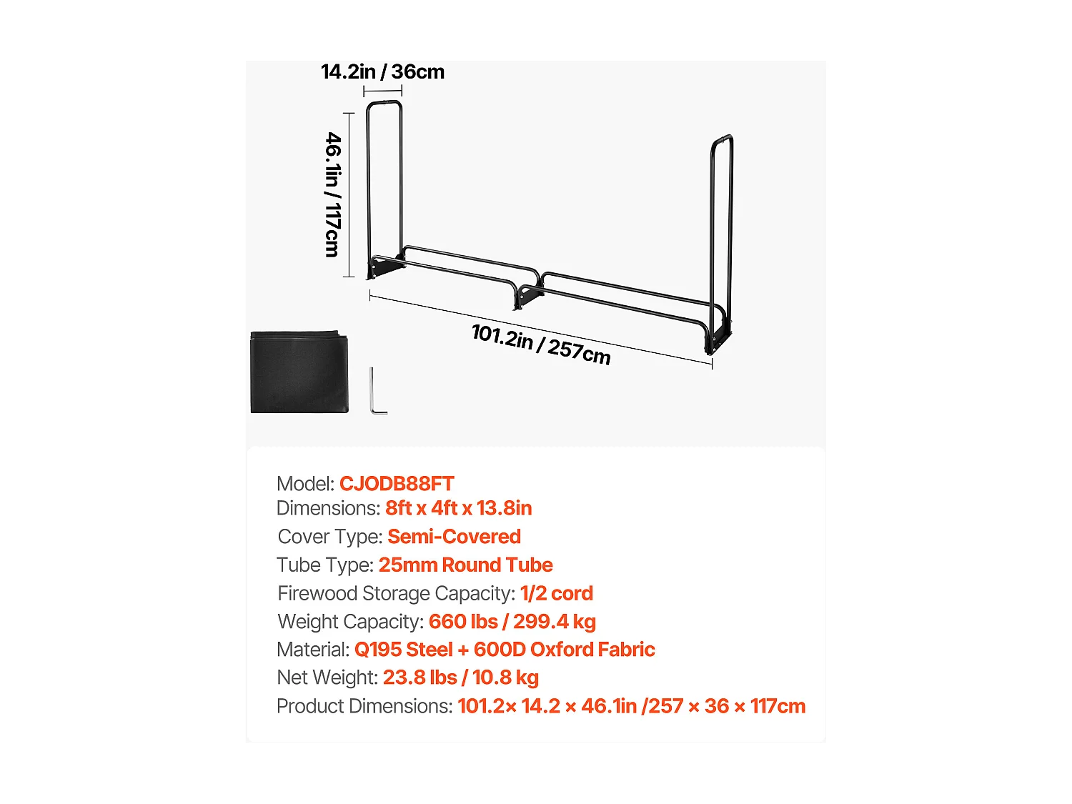 Schowek na Drewno SucceBuy do Ogrzewania z Wodoodpornym Pokrowcem, Metalowy Zewnętrzny Schowek na Drewno, 257 x 36 x 117 cm, Maksymalne Obciążenie 299,4 kg