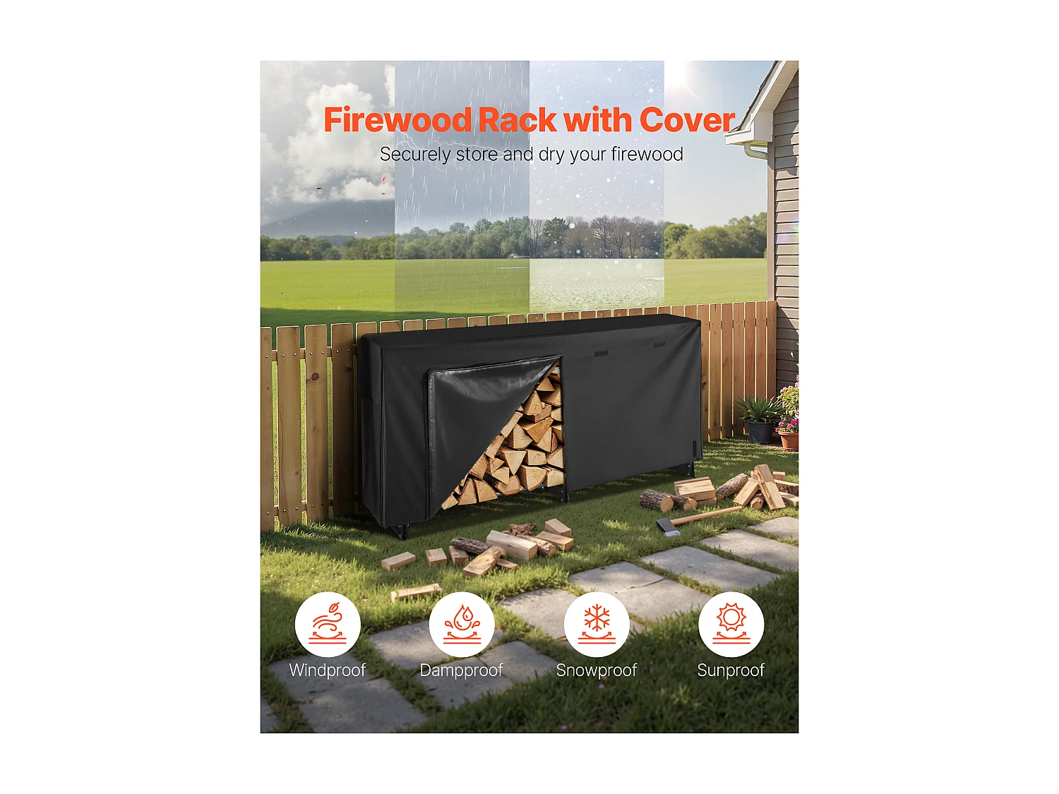 Schowek na Drewno SucceBuy do Ogrzewania z Wodoodpornym Pokrowcem, Metalowy Zewnętrzny Schowek na Drewno, 257 x 36 x 117 cm, Maksymalne Obciążenie 299,4 kg