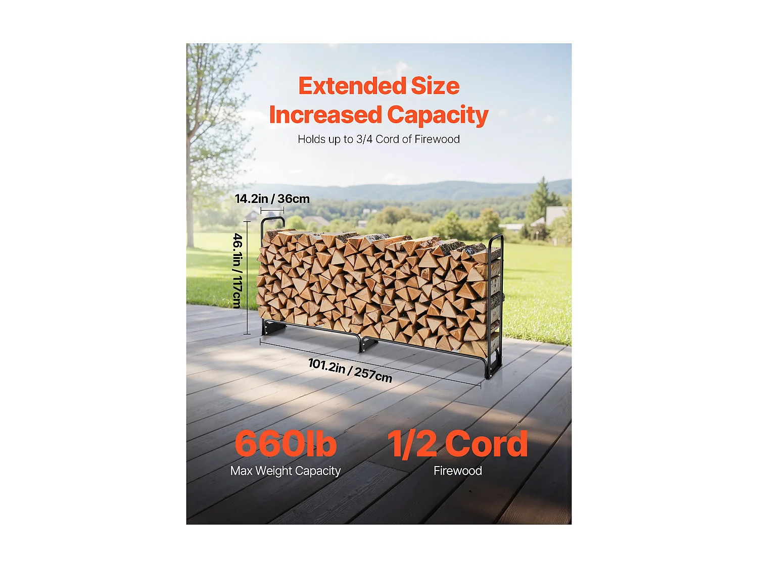 Schowek na Drewno SucceBuy do Ogrzewania z Wodoodpornym Pokrowcem, Metalowy Zewnętrzny Schowek na Drewno, 257 x 36 x 117 cm, Maksymalne Obciążenie 299,4 kg