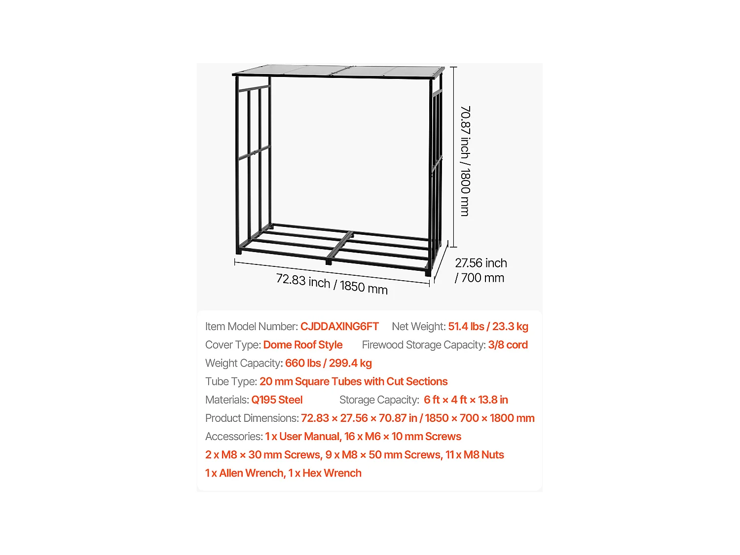 Support à Bois SucceBuy de Chauffage avec Toit Incliné, Range-bûches Extérieur Métal, 185 x 70 x 180 cm, Capacité Charge Maximale 299,4 kg, pour Terrasse
