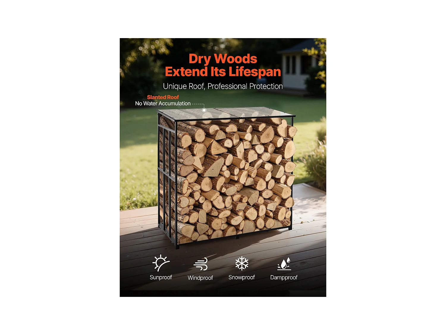 Support à Bois SucceBuy de Chauffage avec Toit Incliné, Range-bûches Extérieur Métal, 185 x 70 x 180 cm, Capacité Charge Maximale 299,4 kg, pour Terrasse