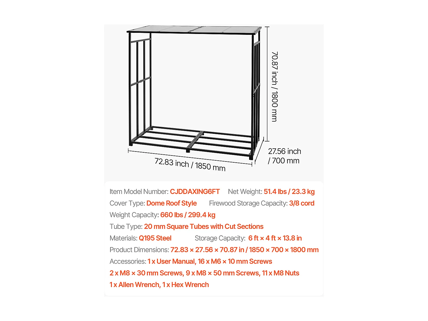 Schowek na Drewno SucceBuy do Ogrzewania z Pochyłym Daszkiem, Metalowy Zewnętrzny Schowek na Drewno, 185 x 70 x 180 cm, Maksymalna Nośność 299,4 kg, na Taras