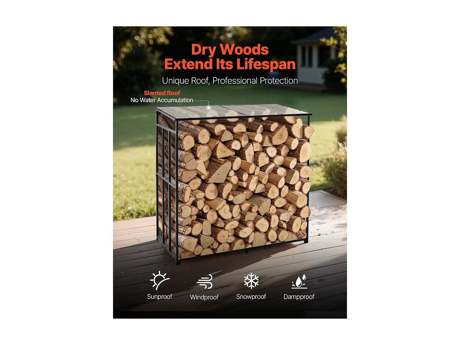 Schowek na Drewno SucceBuy do Ogrzewania z Pochyłym Daszkiem, Metalowy Zewnętrzny Schowek na Drewno, 185 x 70 x 180 cm, Maksymalna Nośność 299,4 kg, na Taras