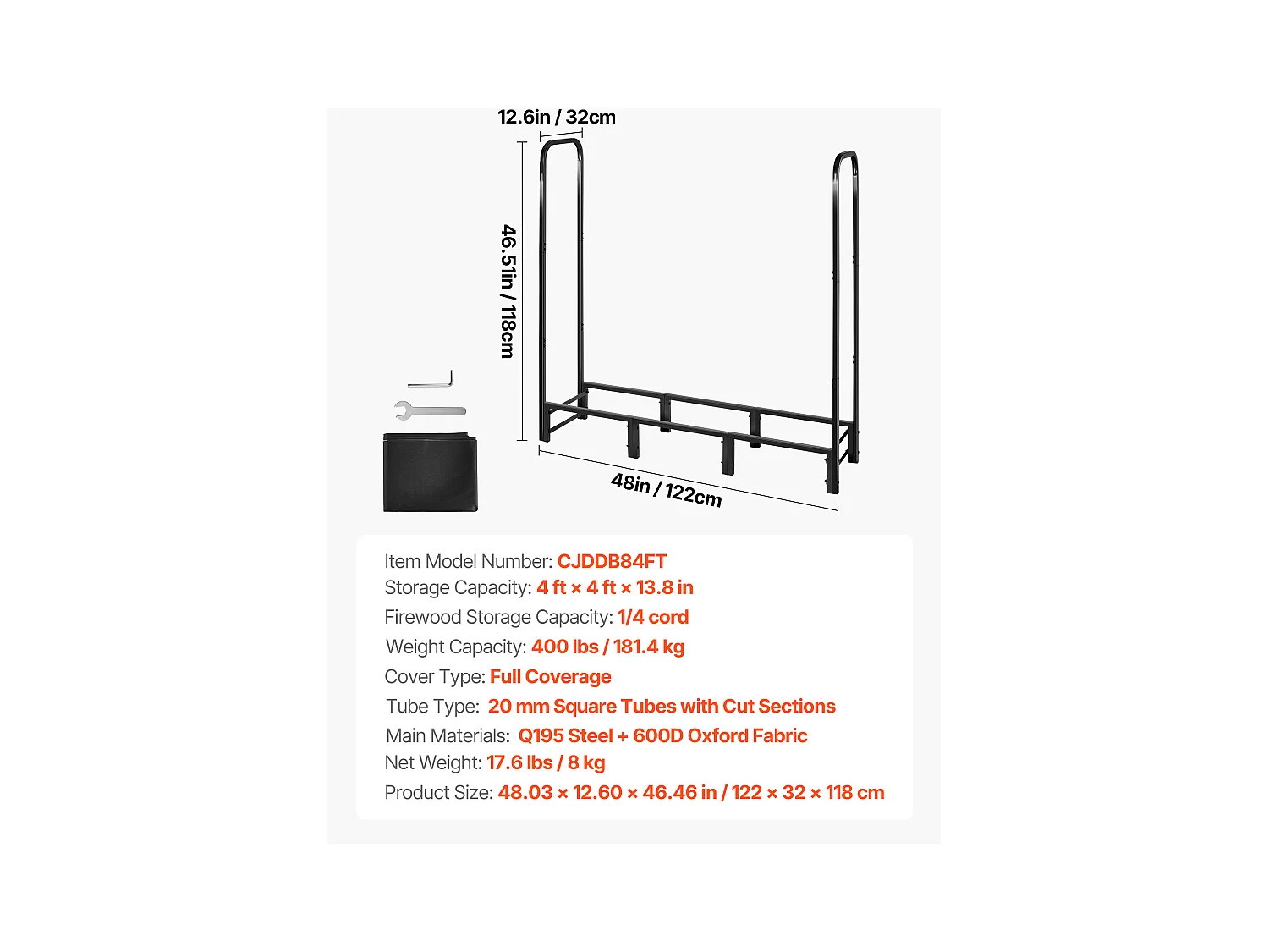 Support à Bois SucceBuy de Chauffage avec Housse Imperméable, Range-bûches Extérieur en Métal, 122 x 32 x 118 cm, Charge Maximale 181,4 kg, pour Terrasse