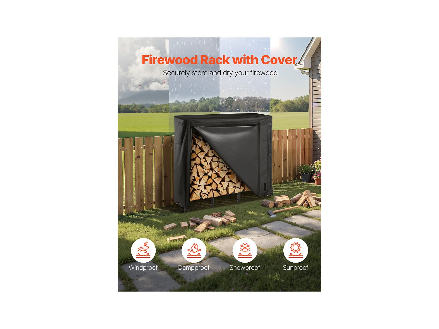 Support à Bois SucceBuy de Chauffage avec Housse Imperméable, Range-bûches Extérieur en Métal, 122 x 32 x 118 cm, Charge Maximale 181,4 kg, pour Terrasse