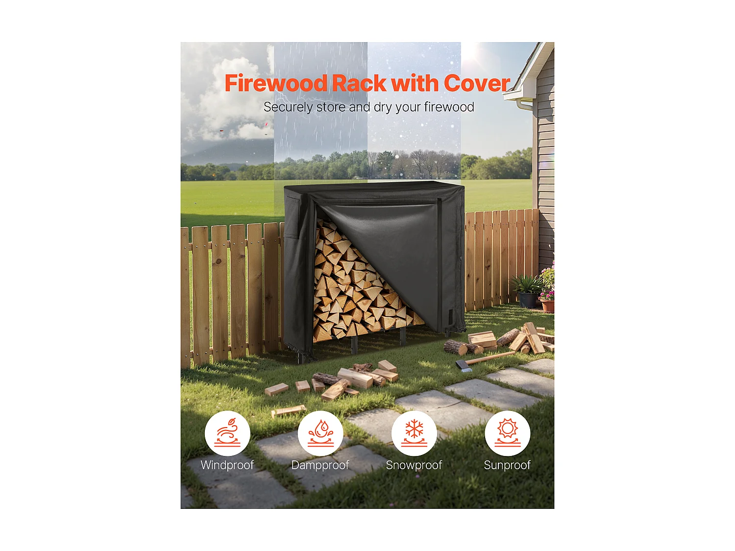 Schowek na Drewno SucceBuy do Ogrzewania z Wodoodpornym Pokrowcem, Metalowy Zewnętrzny Schowek na Drewno, 122 x 32 x 118 cm, Maksymalne Obciążenie 181,4 kg