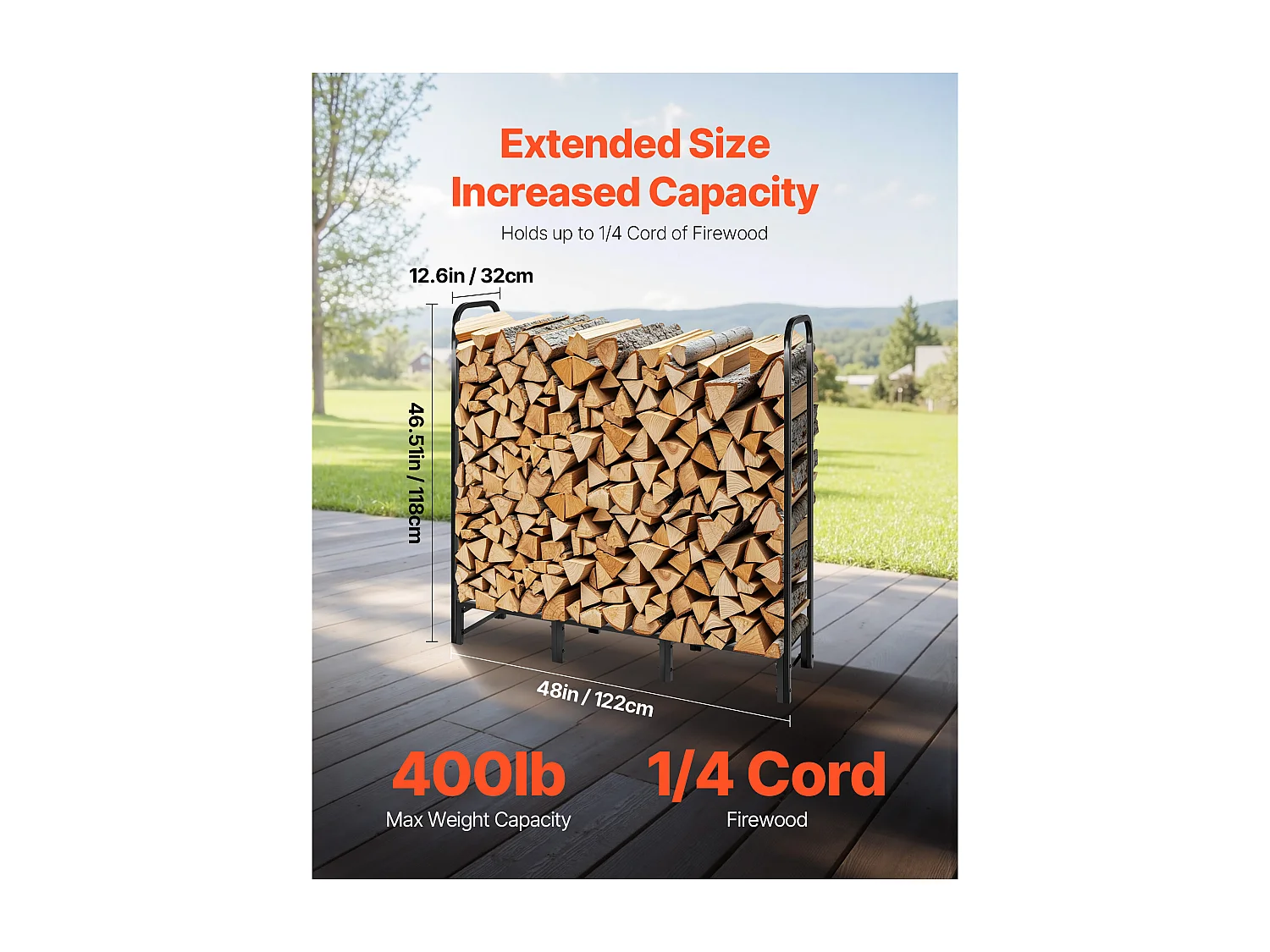 Schowek na Drewno SucceBuy do Ogrzewania z Wodoodpornym Pokrowcem, Metalowy Zewnętrzny Schowek na Drewno, 122 x 32 x 118 cm, Maksymalne Obciążenie 181,4 kg