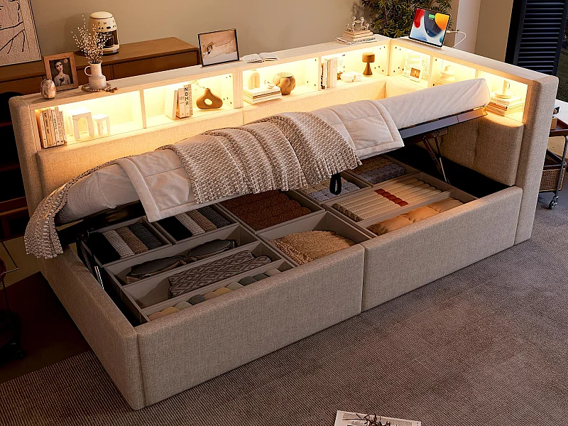 Canapé-lit coffre 90x200 cm - avec ports USB + Type-C - multiples rangements - avec bande lumineuse LED - beige (matelas non inclus)