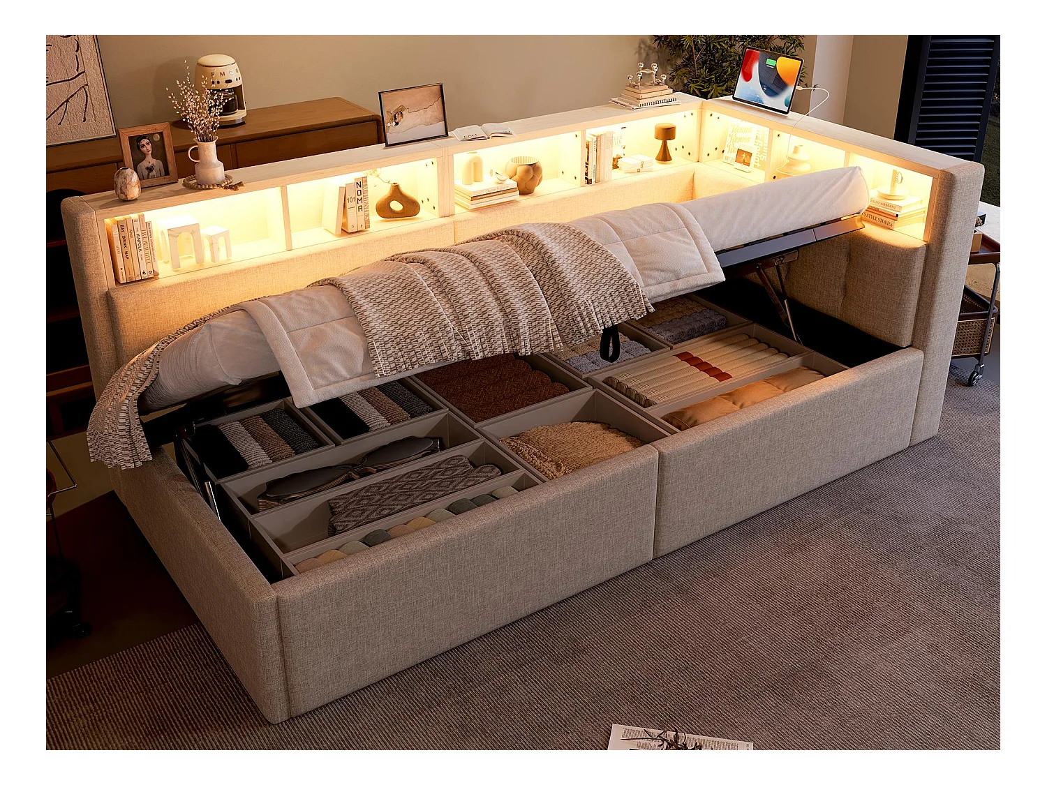 Canapé-lit coffre 90x200 cm - avec ports USB + Type-C - multiples rangements - avec bande lumineuse LED - beige (matelas non inclus)