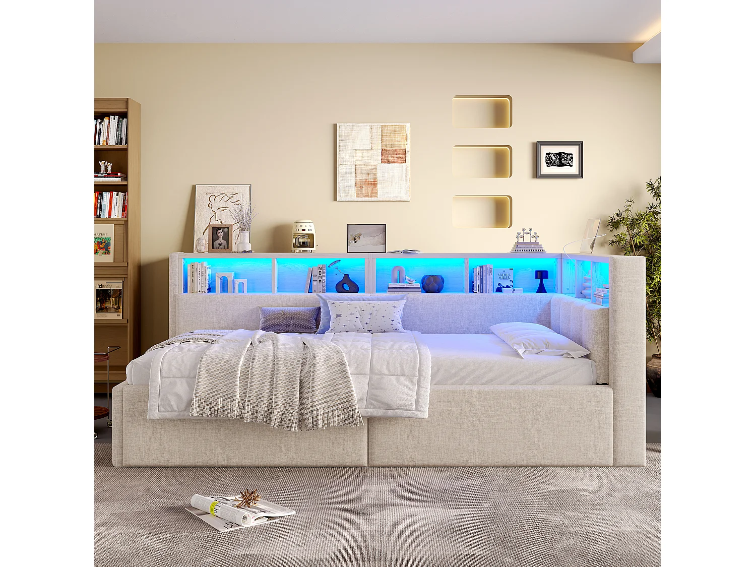 Canapé-lit coffre 90x200 cm - avec ports USB + Type-C - multiples rangements - avec bande lumineuse LED - beige (matelas non inclus)