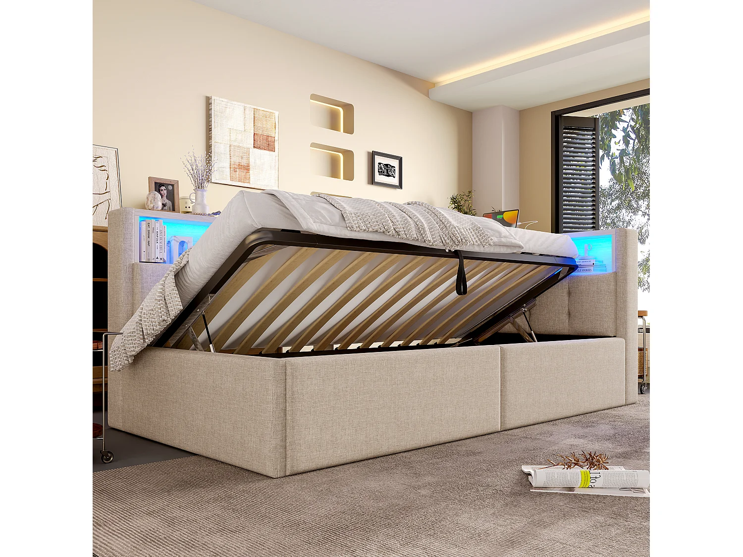 Canapé-lit coffre 90x200 cm - avec ports USB + Type-C - multiples rangements - avec bande lumineuse LED - beige (matelas non inclus)