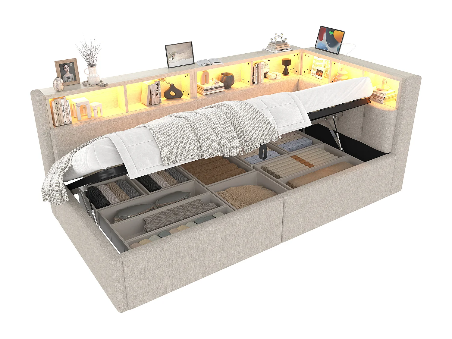 Canapé-lit coffre 90x200 cm - avec ports USB + Type-C - multiples rangements - avec bande lumineuse LED - beige (matelas non inclus)