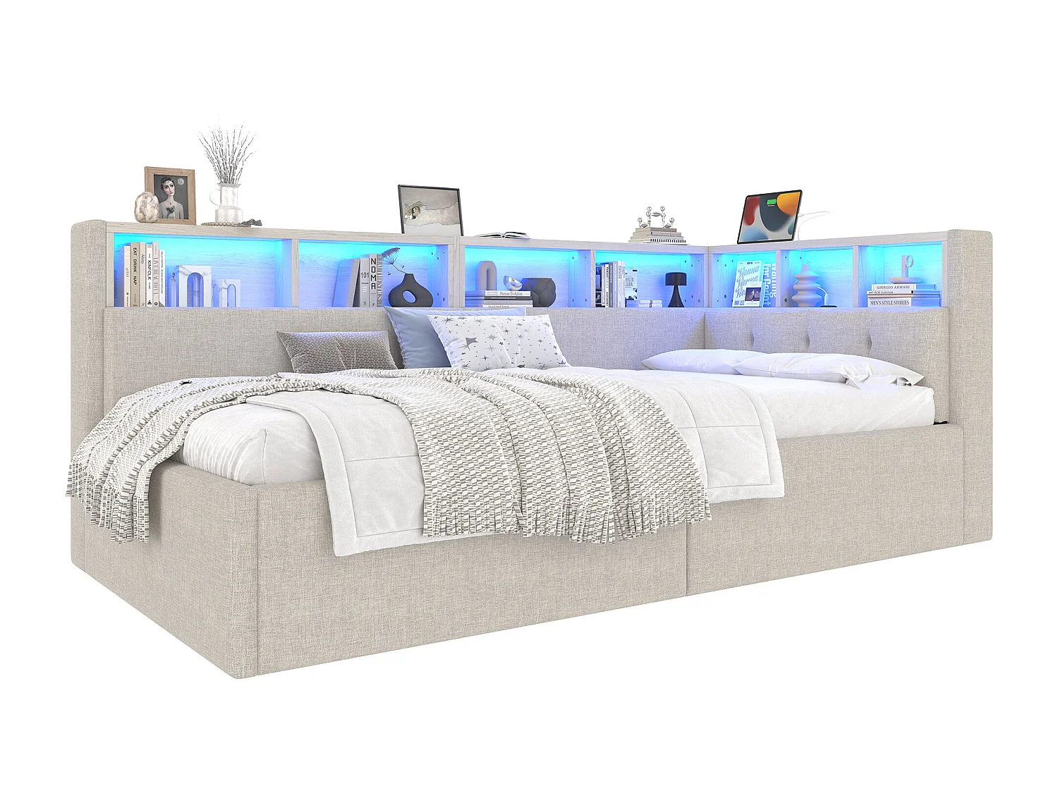 Canapé-lit coffre 90x200 cm - avec ports USB + Type-C - multiples rangements - avec bande lumineuse LED - beige (matelas non inclus)