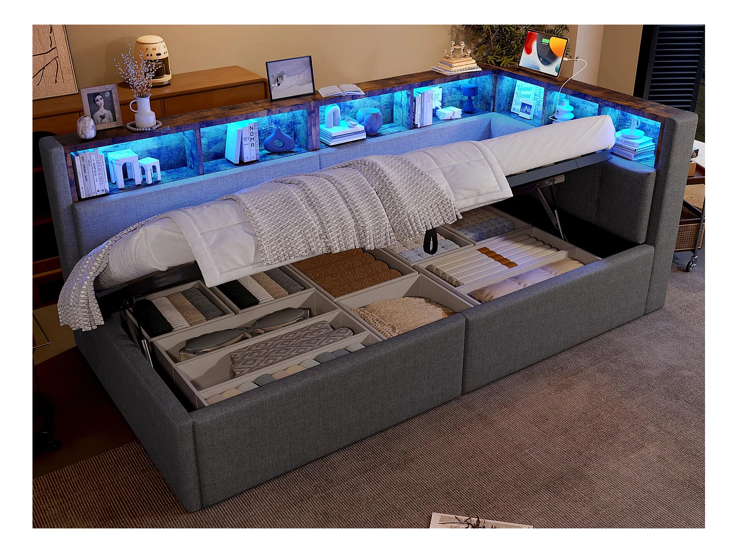 Canapé-lit coffre 90x200 cm - avec ports USB + Type-C - multiples rangements - avec bande lumineuse LED - gris (matelas non inclus)