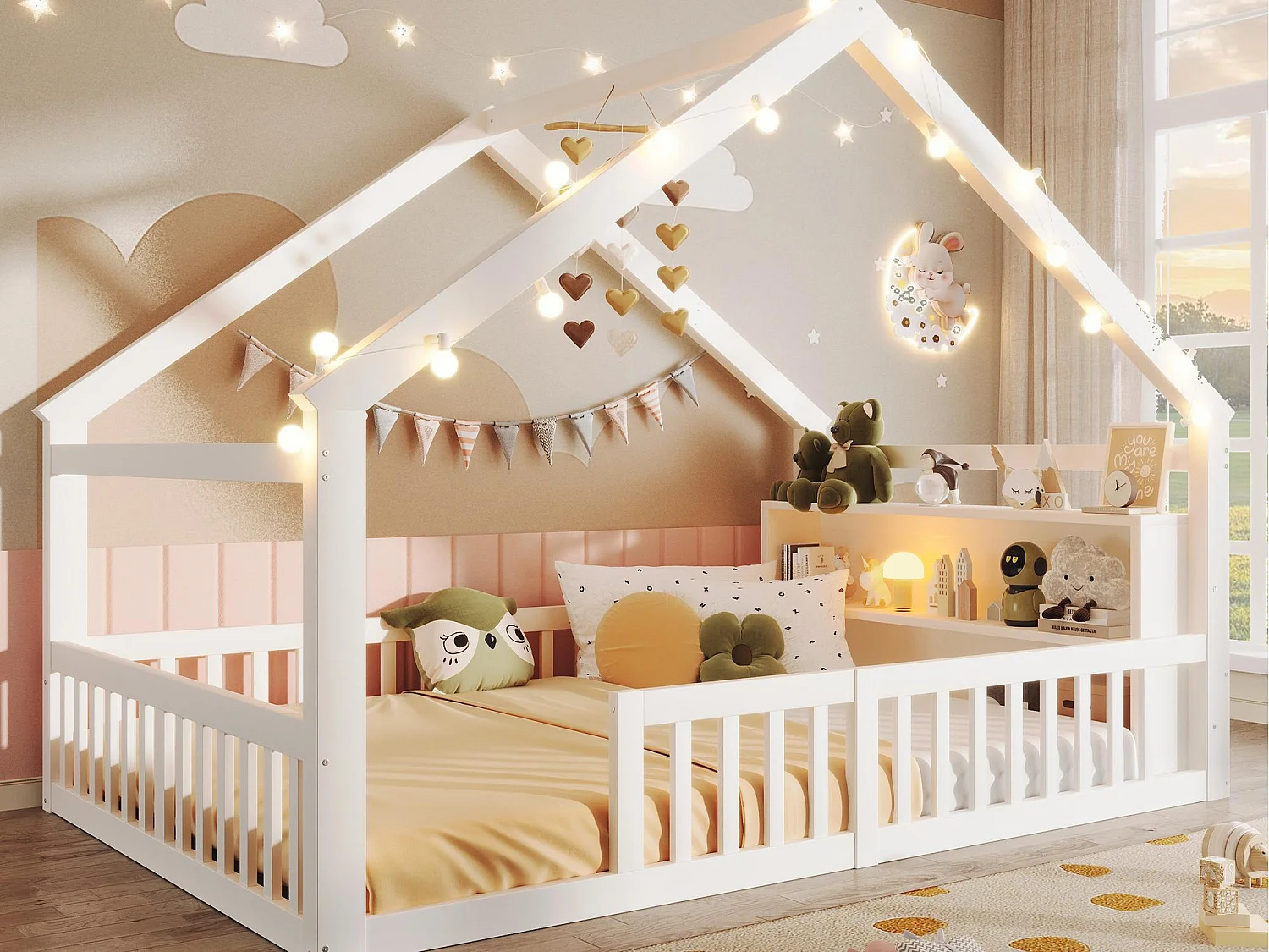 Letto bambino 140x190 cm - con barriere di sicurezza - pino - bianco (materasso non incluso)