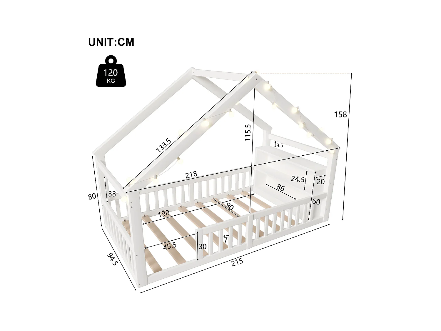 Lit enfant 90x190 cm - avec barrières de sécurité - pin - blanc (matelas non inclus)