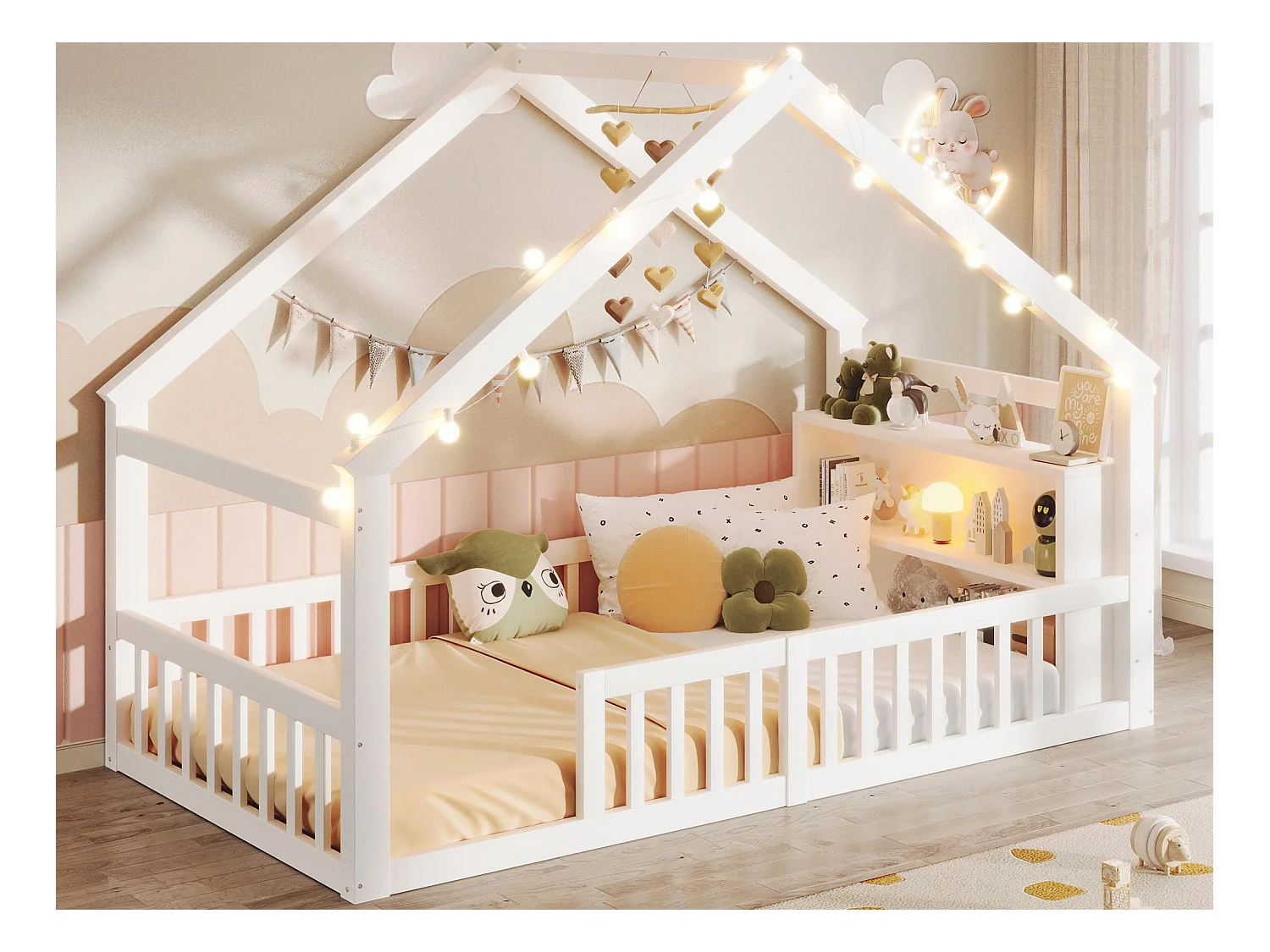 Letto bambino 90x200 cm - con barriere di sicurezza - pino - bianco (materasso non incluso)