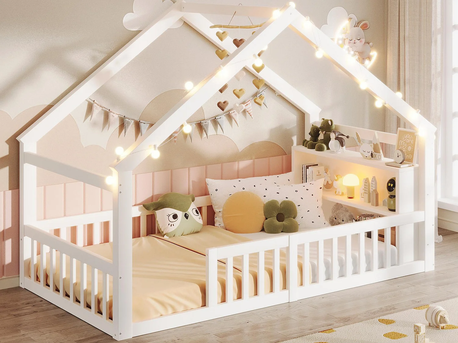 Letto bambino 90x190 cm - con barriere di sicurezza - pino - bianco (materasso non incluso)