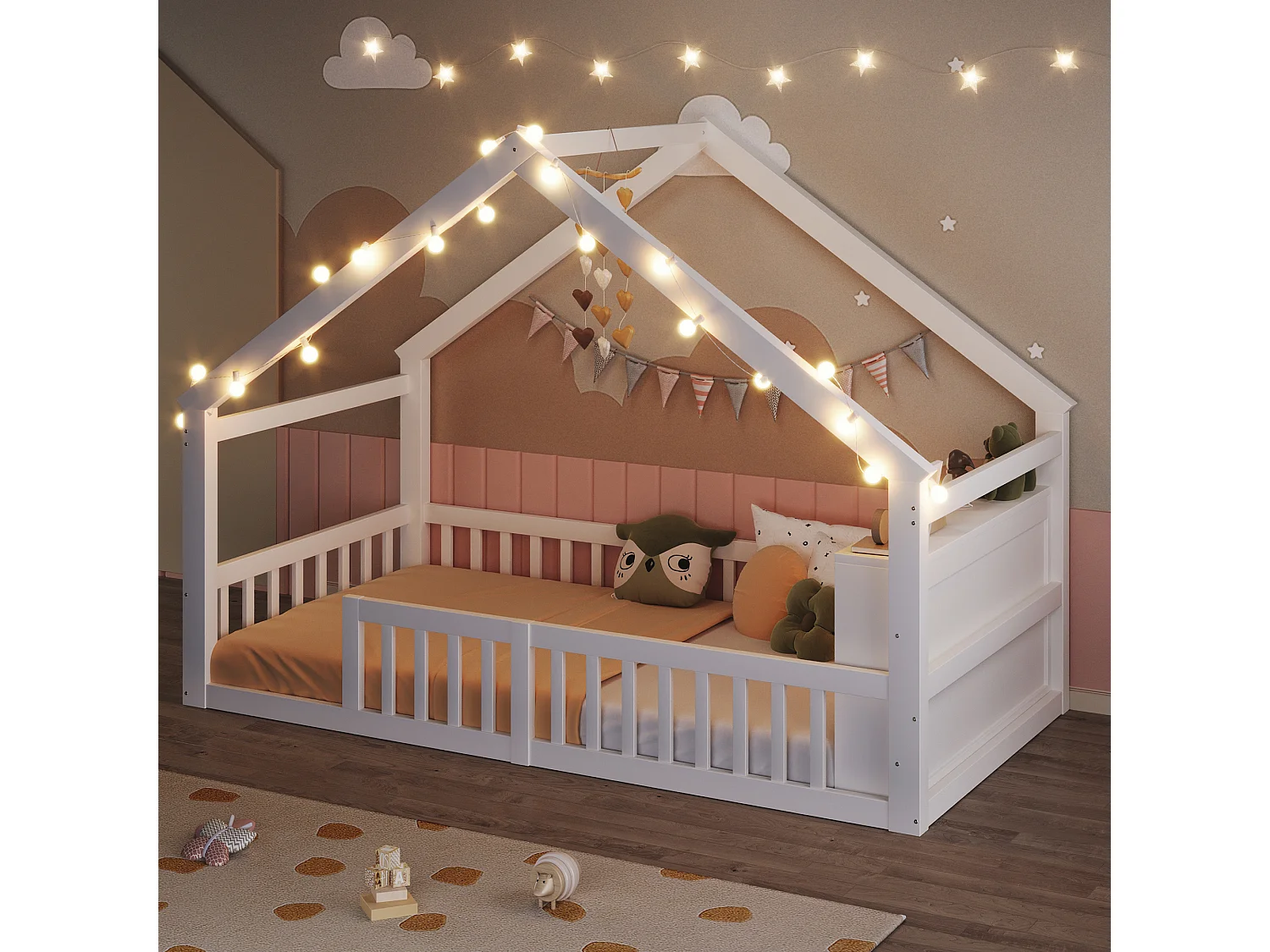 Letto bambino 90x190 cm - con barriere di sicurezza - pino - bianco (materasso non incluso)