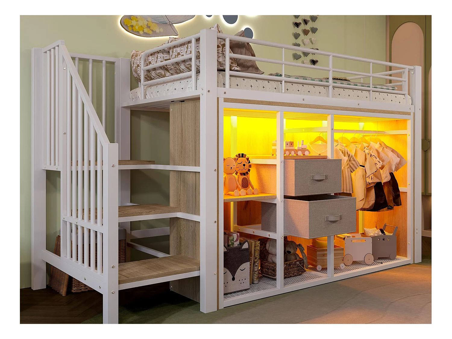 Lit mezzanine 90x200 cm - avec 2 tiroirs - armoire ouverte - avec éclairage LED - compartiments de rangement - blanc (matelas non inclus)