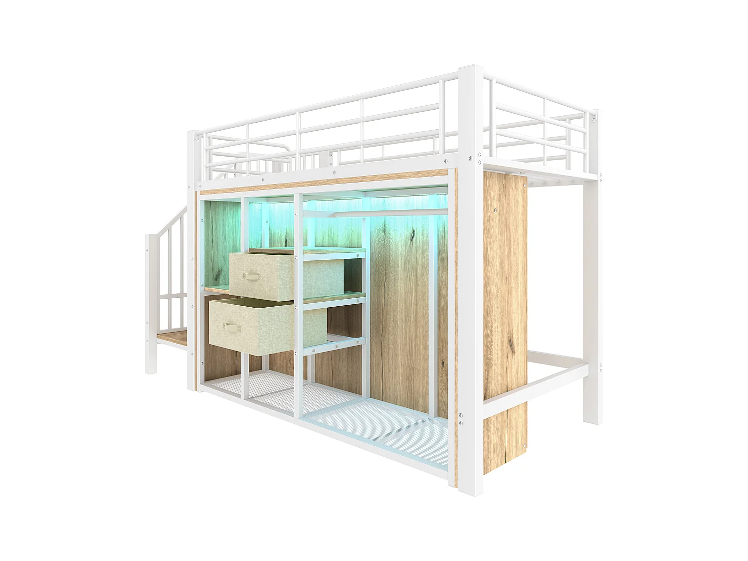 Lit mezzanine 90x200 cm - avec 2 tiroirs - armoire ouverte - avec éclairage LED - compartiments de rangement - blanc (matelas non inclus)