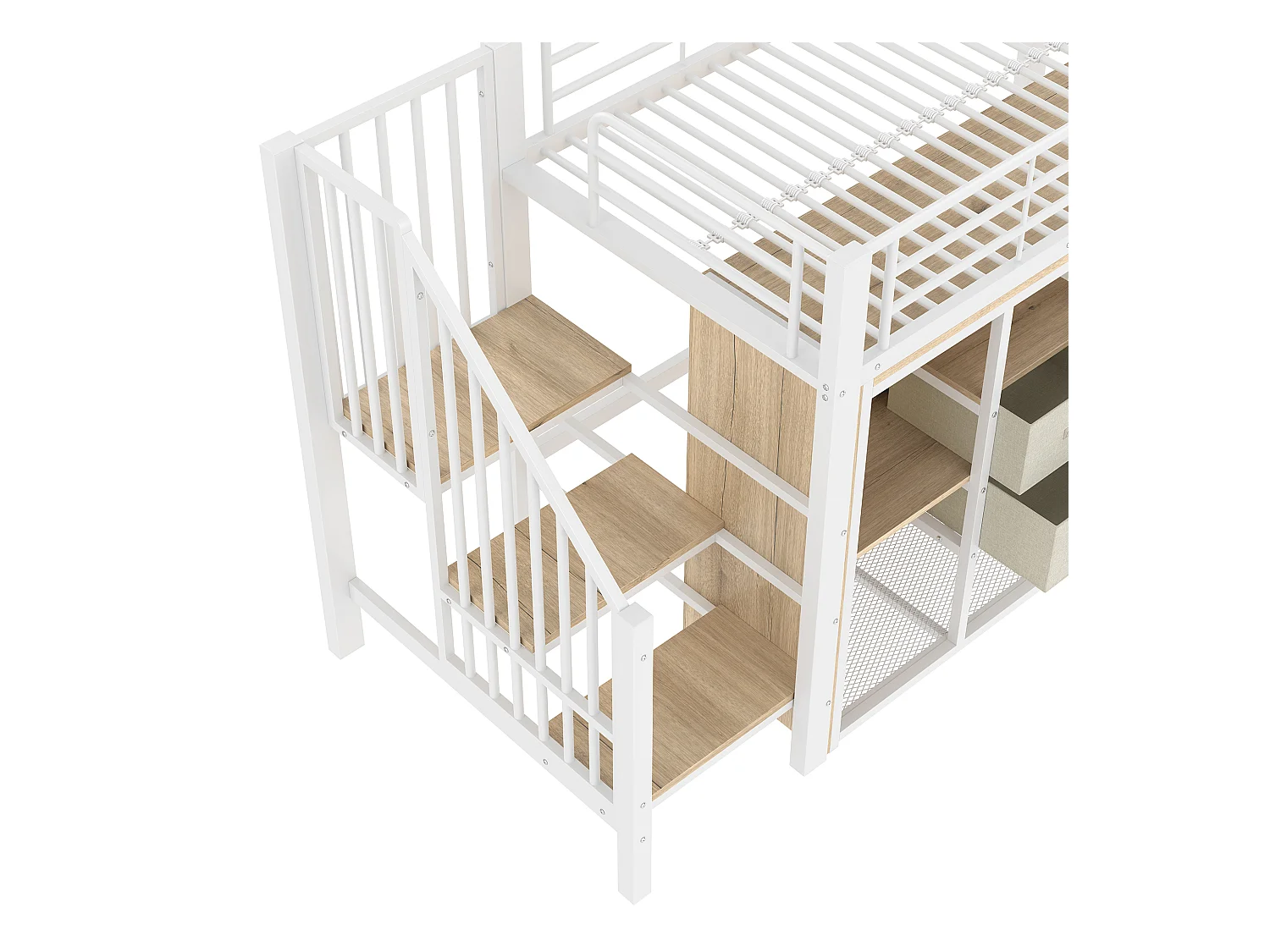 Lit mezzanine 90x200 cm - avec 2 tiroirs - armoire ouverte - avec éclairage LED - compartiments de rangement - blanc (matelas non inclus)