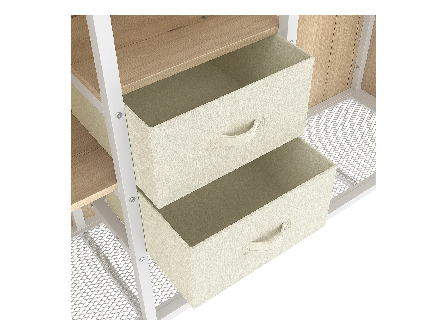 Lit mezzanine 90x200 cm - avec 2 tiroirs - armoire ouverte - avec éclairage LED - compartiments de rangement - blanc (matelas non inclus)