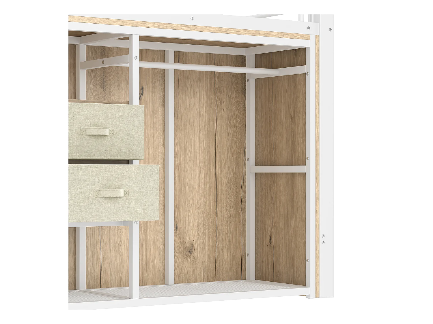 Lit mezzanine 90x200 cm - avec 2 tiroirs - armoire ouverte - avec éclairage LED - compartiments de rangement - blanc (matelas non inclus)