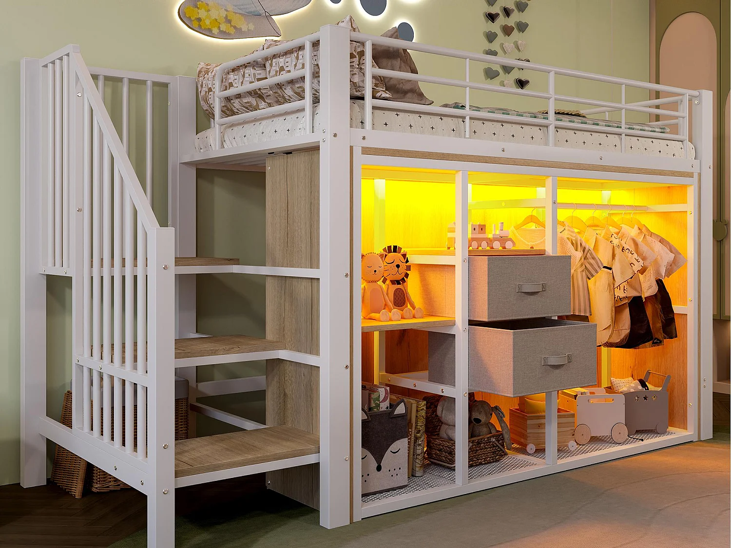 Cama altillo 90x200 cm - con 2 cajones - armario abierto - con iluminación LED - compartimentos de almacenamiento - blanco (colchón no incluido)