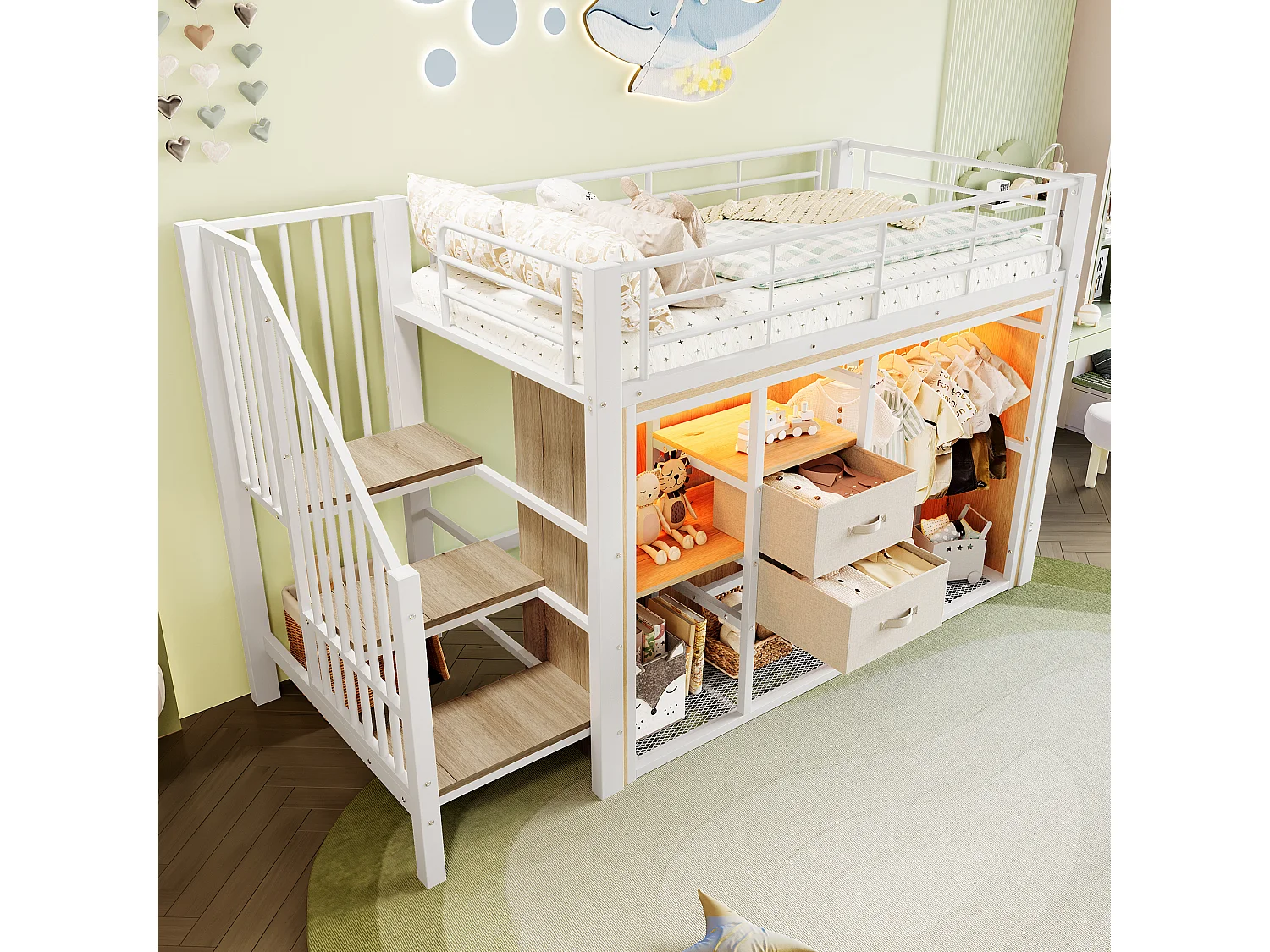 Cama altillo 90x200 cm - con 2 cajones - armario abierto - con iluminación LED - compartimentos de almacenamiento - blanco (colchón no incluido)