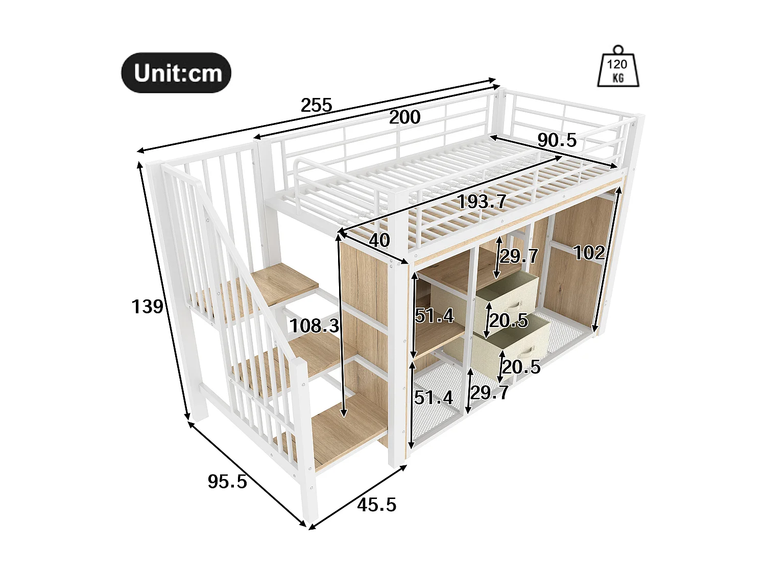 Cama altillo 90x200 cm - con 2 cajones - armario abierto - con iluminación LED - compartimentos de almacenamiento - blanco (colchón no incluido)