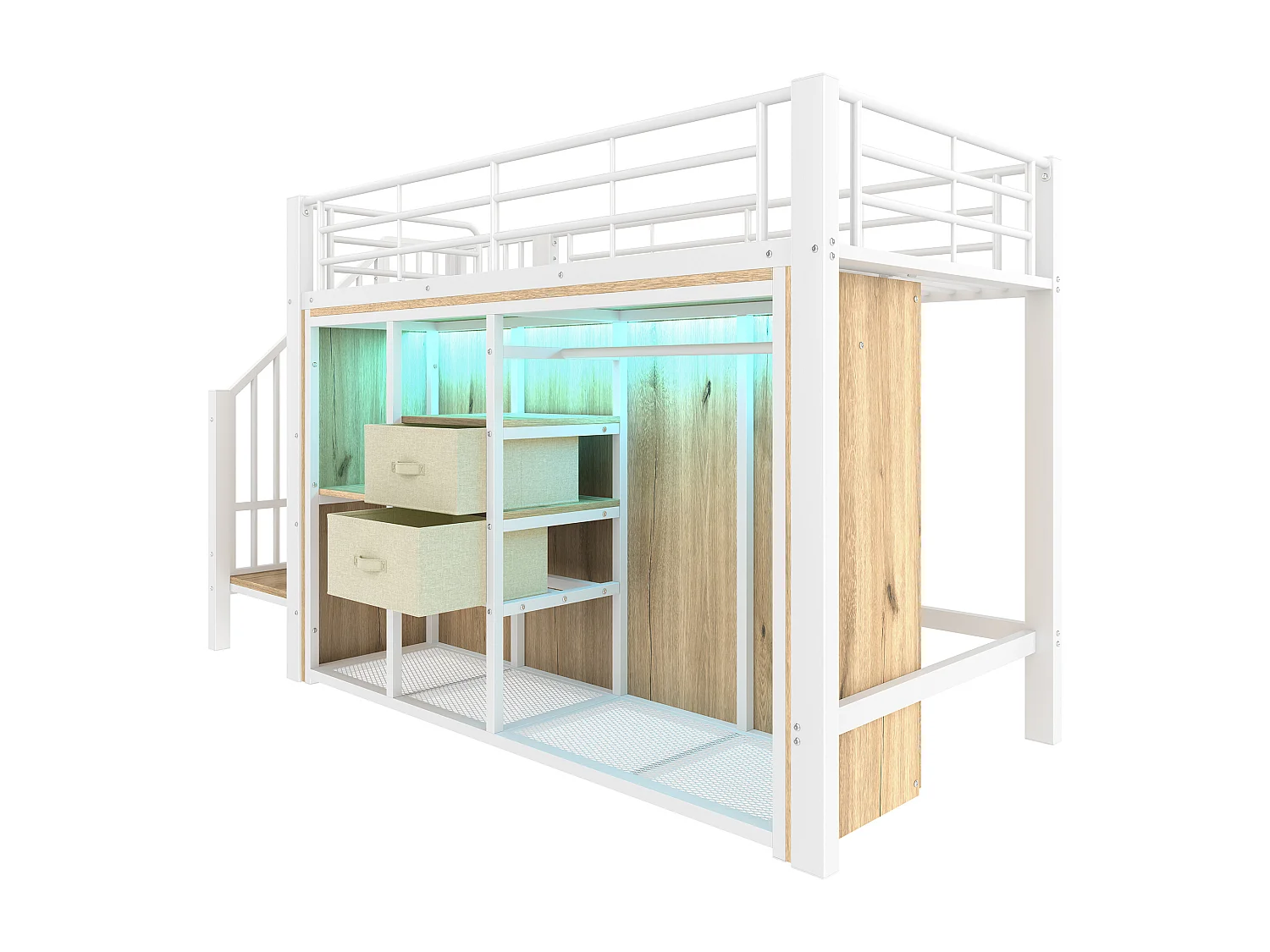 Cama altillo 90x200 cm - con 2 cajones - armario abierto - con iluminación LED - compartimentos de almacenamiento - blanco (colchón no incluido)