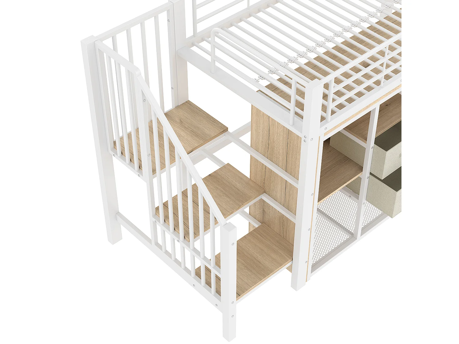 Cama altillo 90x200 cm - con 2 cajones - armario abierto - con iluminación LED - compartimentos de almacenamiento - blanco (colchón no incluido)