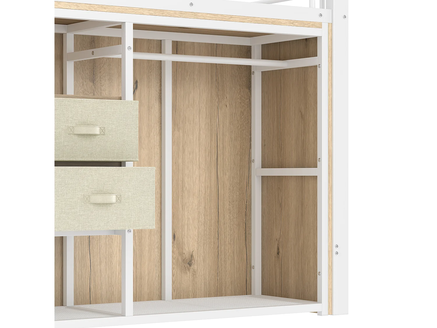 Cama altillo 90x200 cm - con 2 cajones - armario abierto - con iluminación LED - compartimentos de almacenamiento - blanco (colchón no incluido)