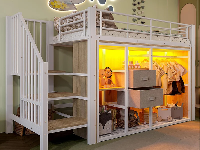 Hochbett 90x200 cm - mit 2 Schubladen - offener Schrank - mit LED-Beleuchtung - Staufächer - weiß (Matratze nicht inbegriffen)