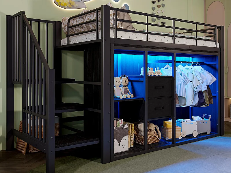 Lit mezzanine 90x200 cm - avec 2 tiroirs - armoire ouverte - avec éclairage LED - compartiments de rangement - noir (matelas non inclus)