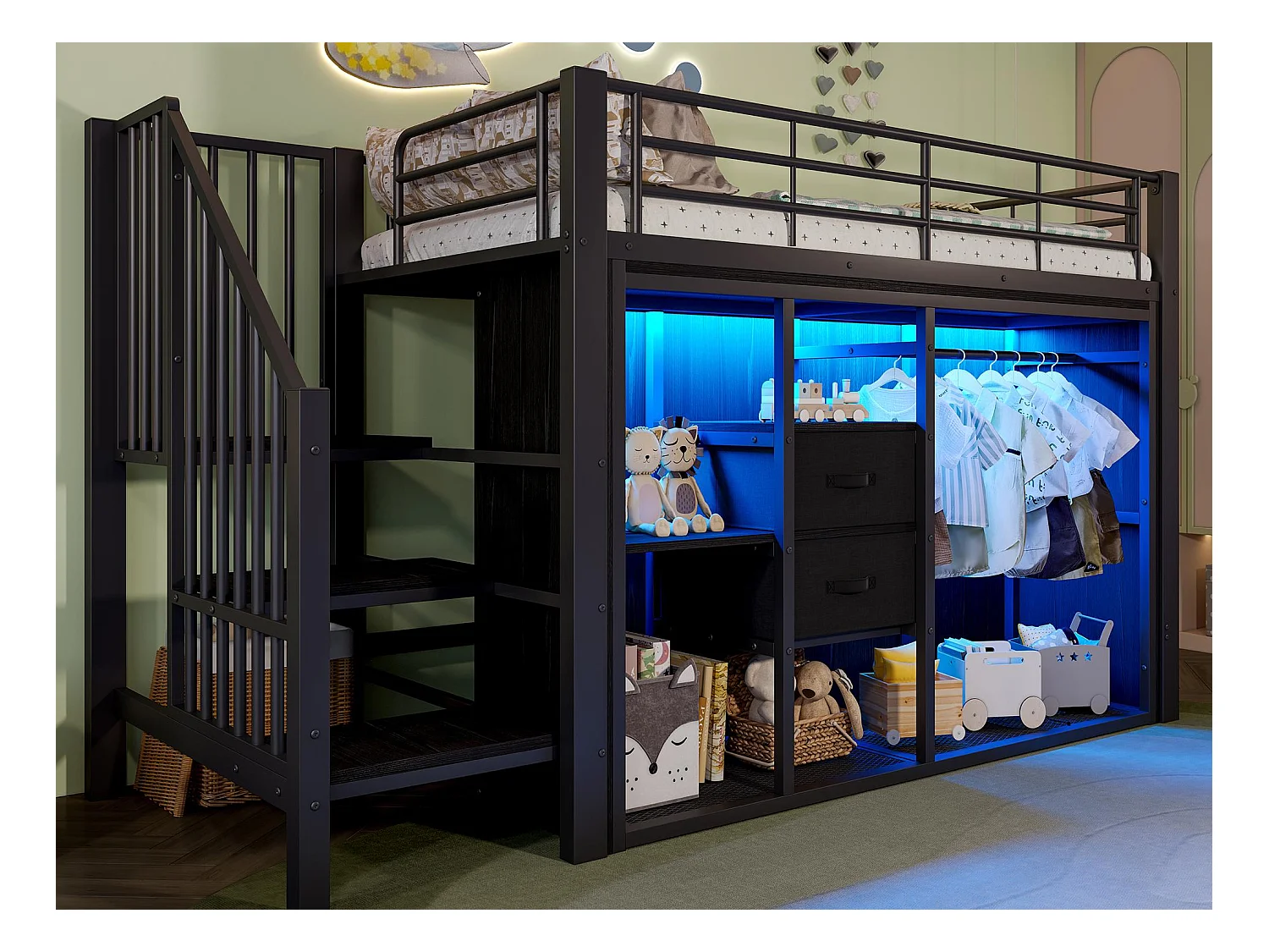 Lit mezzanine 90x200 cm - avec 2 tiroirs - armoire ouverte - avec éclairage LED - compartiments de rangement - noir (matelas non inclus)