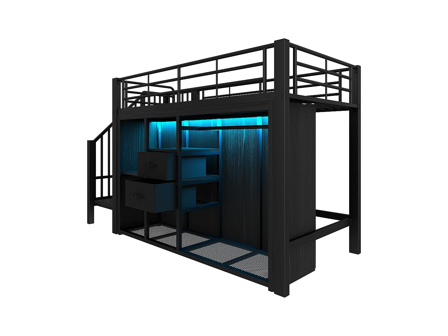 Lit mezzanine 90x200 cm - avec 2 tiroirs - armoire ouverte - avec éclairage LED - compartiments de rangement - noir (matelas non inclus)